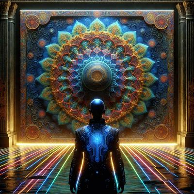 The primary subject of the image is a person, likely a man, standing in front of a large, colorful, and intricate mosaic or painting. The setting appears to be a room with a patterned floor, which adds to the overall atmosphere of the scene. The visual style of the image is digital art, as it is a computer-generated or digitally created piece. The dominant colors in the image are a mix of blue, green, and orange, creating a vibrant and lively mood.